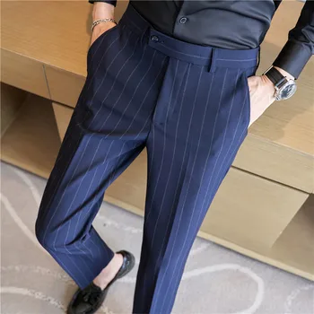 Мужской повседневный костюм в полоску в английском стиле, брюки Стрейч, деловые повседневные Длинные облегающие брюки, черные синие мужские брюки-карандаш
