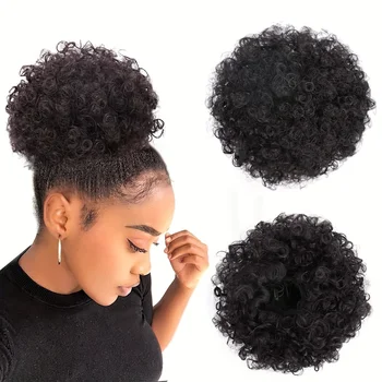 Наращивание Конского хвоста на Завязках Afro Puff для Чернокожих Женщин, Черный 1B # 80 грамм Короткий Синтетический Конский Хвост Afro Puff для натуральных Волос