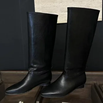 SLTNX Осень-зима Корейская мода Удобные Кожаные сапоги на толстом каблуке с острым носком Knight Show Тонкие Повседневные прямые ботинки для женщин