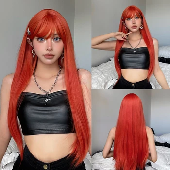 Прямые шелковистые красно-оранжевые парики с челкой, длинный красочный повседневный натуральный парик для женщин, косплей для вечеринок, синтетические волосы, термостойкие