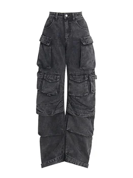 Новые однотонные Женские джинсы с несколькими карманами и высокой талией, Свободные хлопковые джинсы в стиле Хай-стрит в стиле ретро, женские Джинсы в стиле хип-хоп Y2k с широкими штанинами