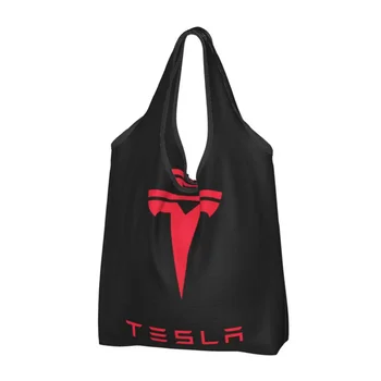 Многоразовые сумки для покупок с красным логотипом Tesla для продуктов, складные сумки для продуктов, моющиеся большие сумки-тоут