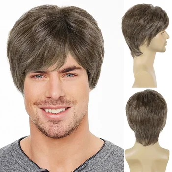 Синтетический короткий мужской парик GNIMEGIL с челкой из смеси каштановых волос, подарок отца, парик для мужчин, натуральная стрижка, ежедневный косплей, Термостойкий