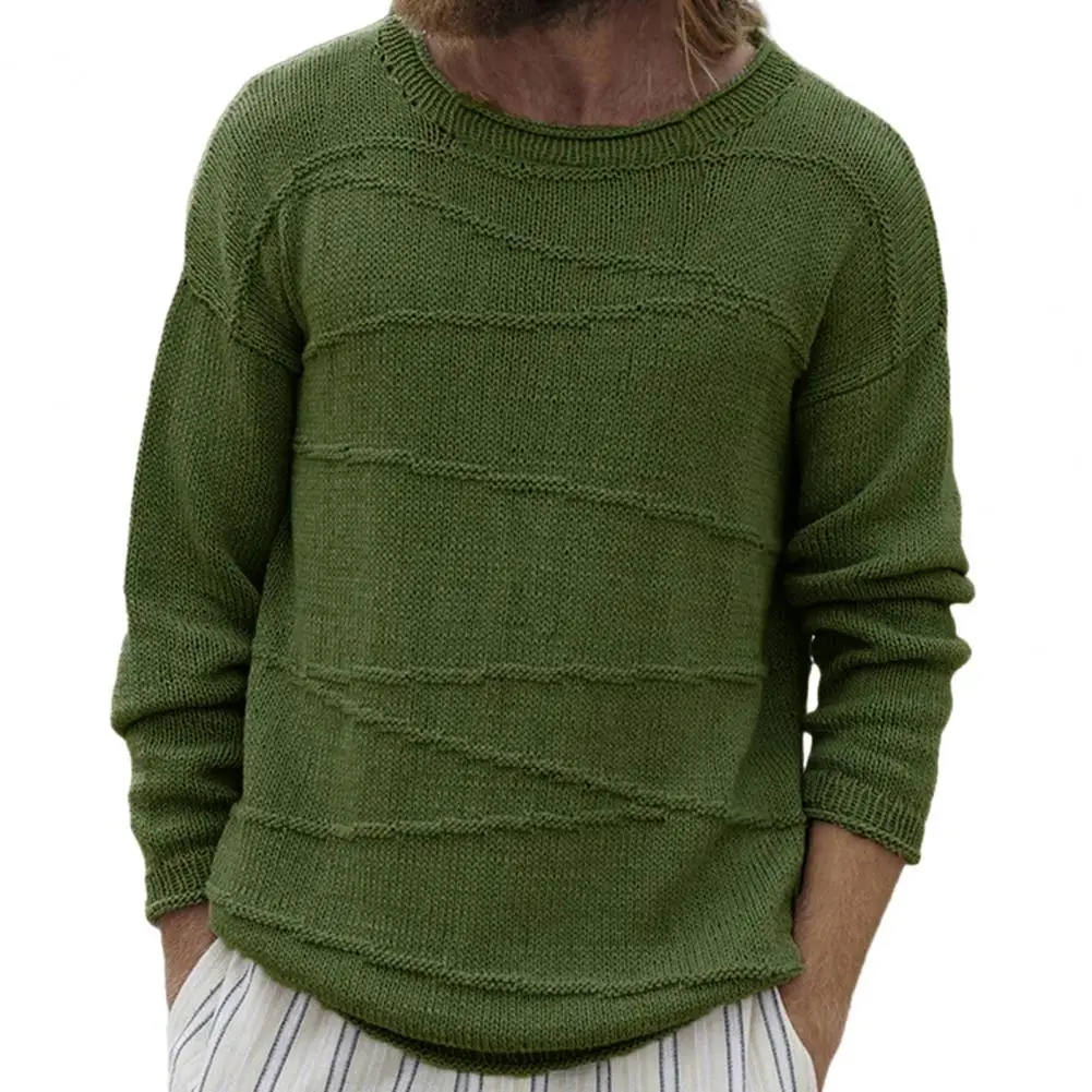 Мужской свитер с манжетами в рубчик, стильные мужские зимние свитера, пуловеры свободного кроя, топы с манжетами в рубчик, дизайн с круглым вырезом, однотонный - 0