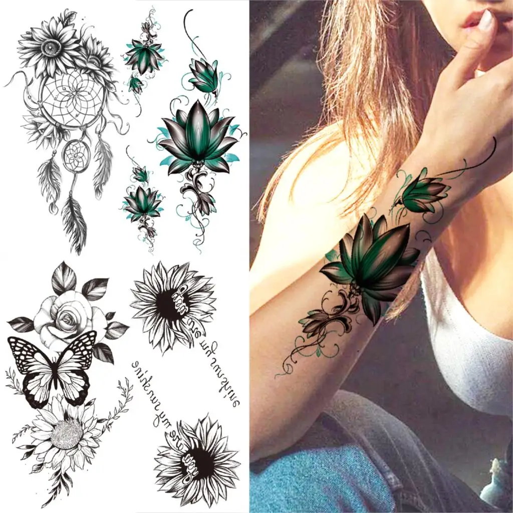 Временные татуировки с акварельным Лотосом Для женщин, мужчин, Ловец снов, Бабочка, поддельная татуировка, Наклейка с цветком Розы, татуировки на предплечье, груди - 0