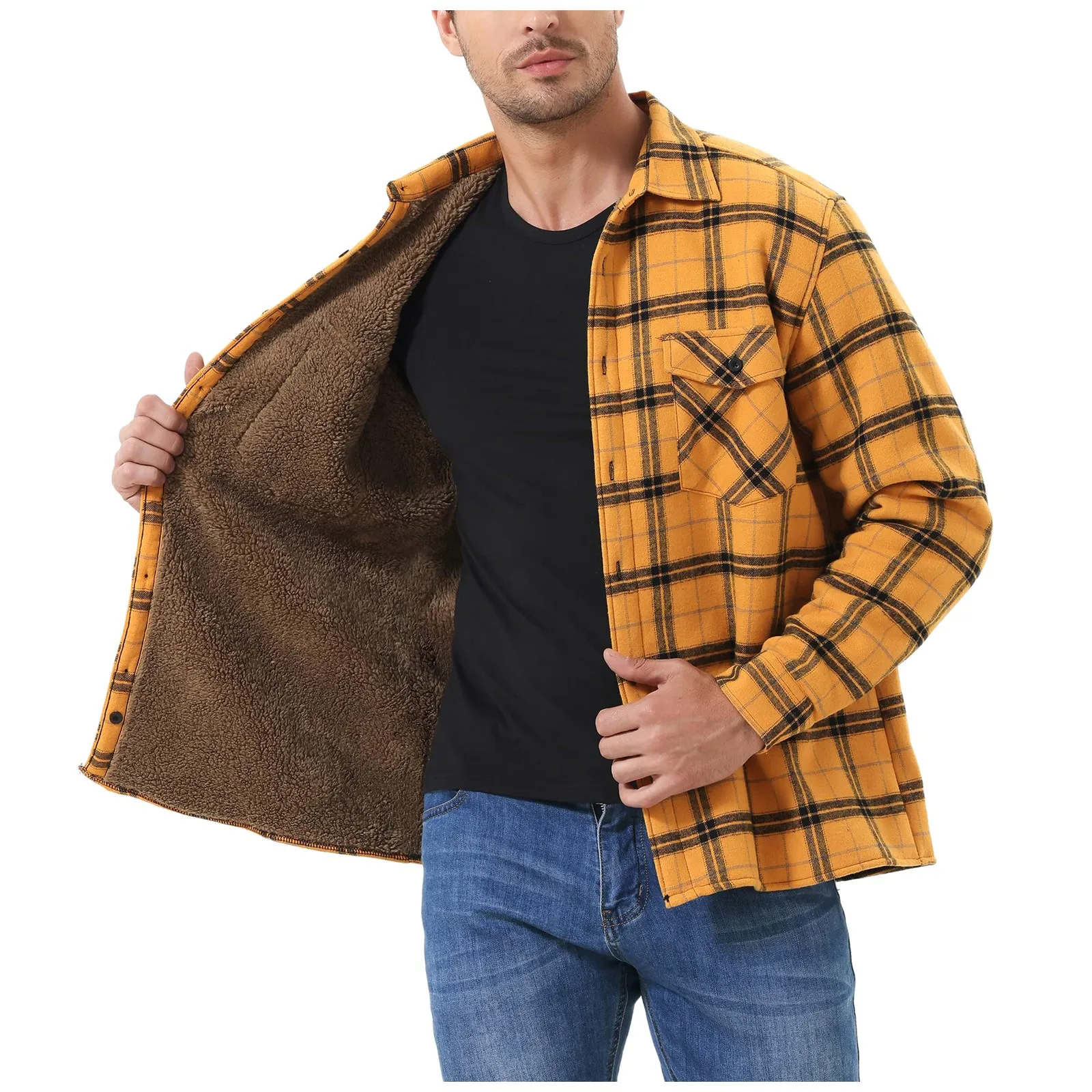 2023 Новая мужская утолщенная куртка с длинными рукавами и лацканами, клетчатая куртка из композитного плюша, зимняя теплая верхняя одежда, мужская одежда - 0