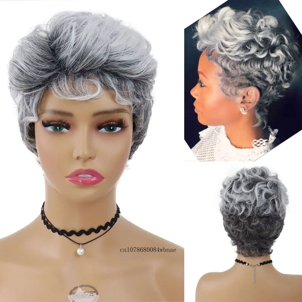 Классическая прическа Пикси Из синтетических волос, короткий седой парик с челкой, пушистые многослойные парики для женщин из термостойкого волокна для ежедневного использования - 0