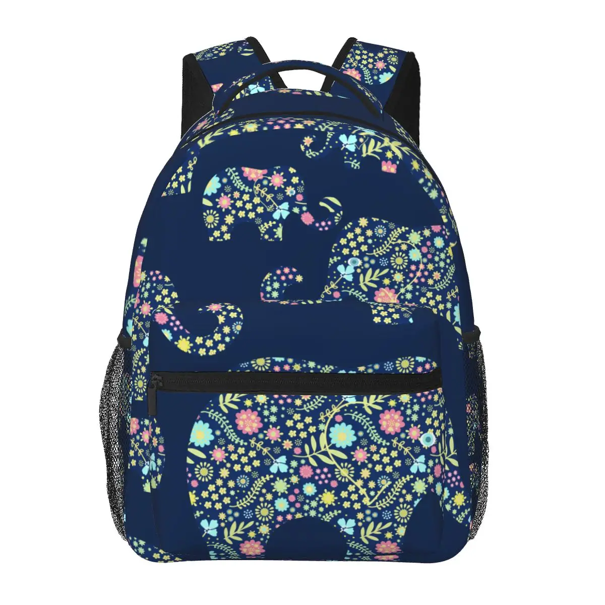 Повседневный новый простой женский рюкзак для подростковых путешествий, сумка через плечо с цветочными слонами на синем фоне - 0