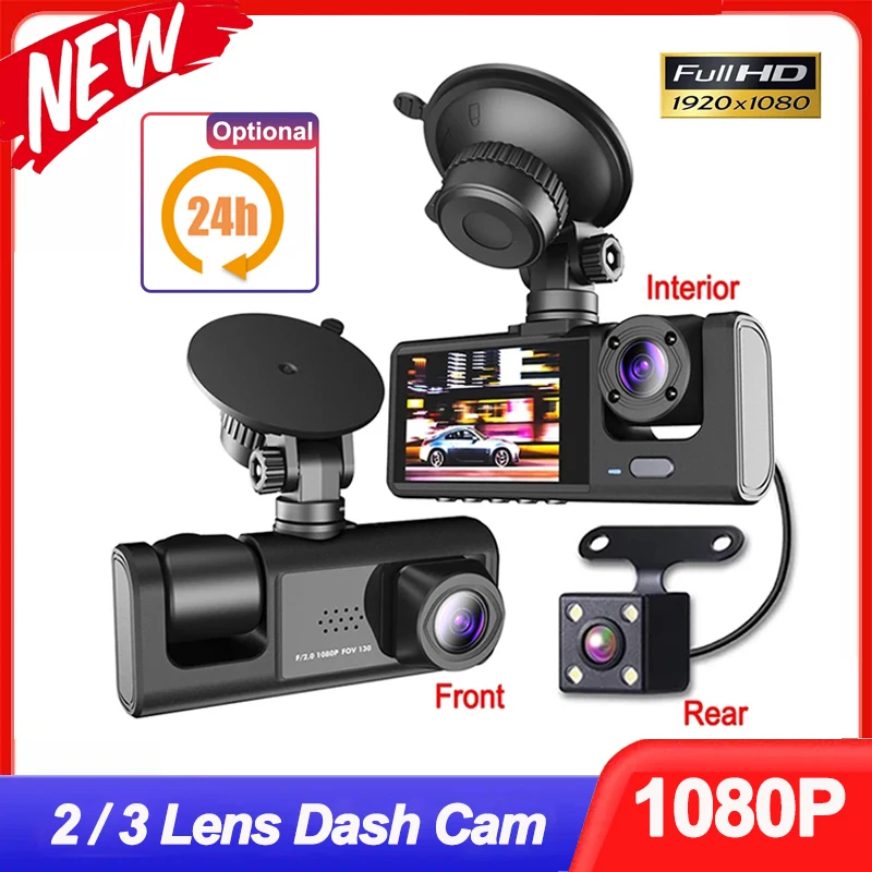 Видеорегистратор для автомобилей Камера заднего вида 1080P 3-канальная фронтальная внутренняя камера для автомобильного регистратора Видео 24-часовой парковочный монитор Черный - 0
