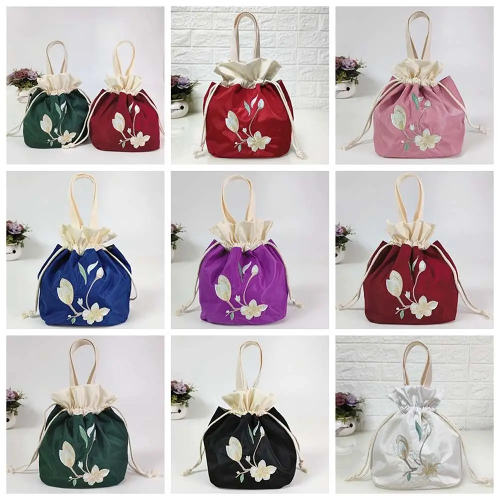 Атласная шелковая вышивка, цветочная сумочка, сумка для мамы, сумка Hanfu на завязках в корейском стиле, кошелек, Хозяйственная сумка, Цветочная сумка-ведро - 0