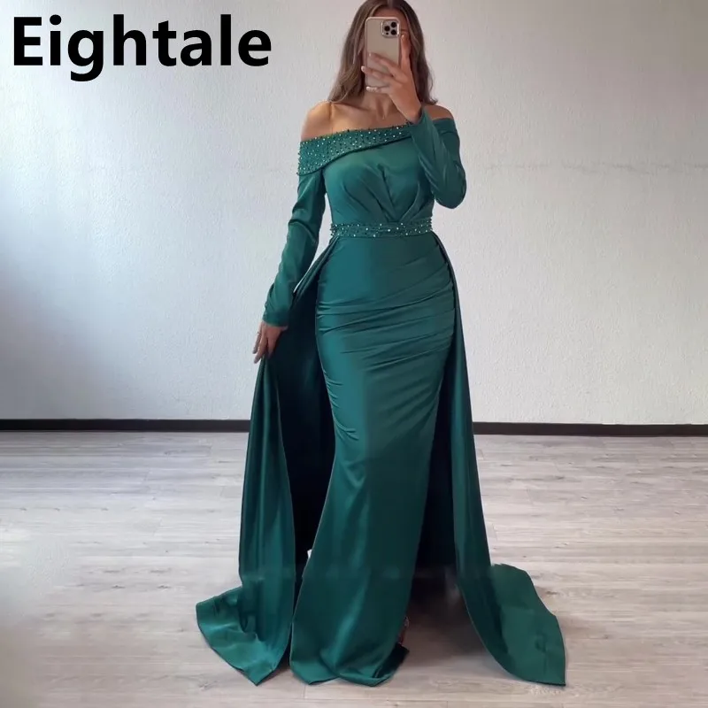 Eightale 2023 Зеленое атласное вечернее платье Русалки с длинным рукавом для свадебной вечеринки, расшитое бисером платье для выпускного вечера, Дубайское вечернее платье - 0