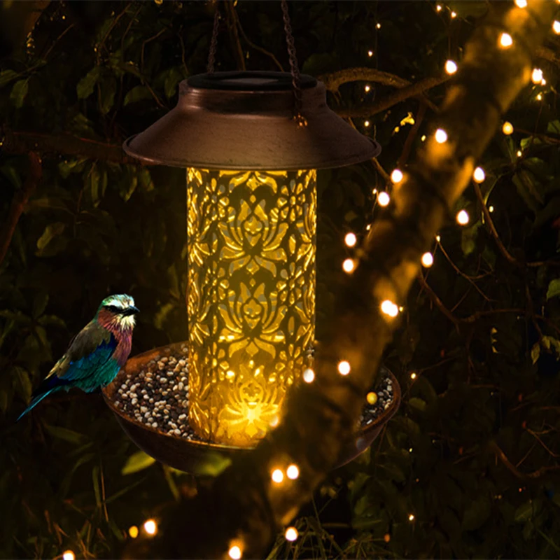 Солнечная садовая легкая кормушка для птиц Металлический подвесной птичник на открытом воздухе с водонепроницаемым солнечным освещением для украшения деревьев на заднем дворе - 0