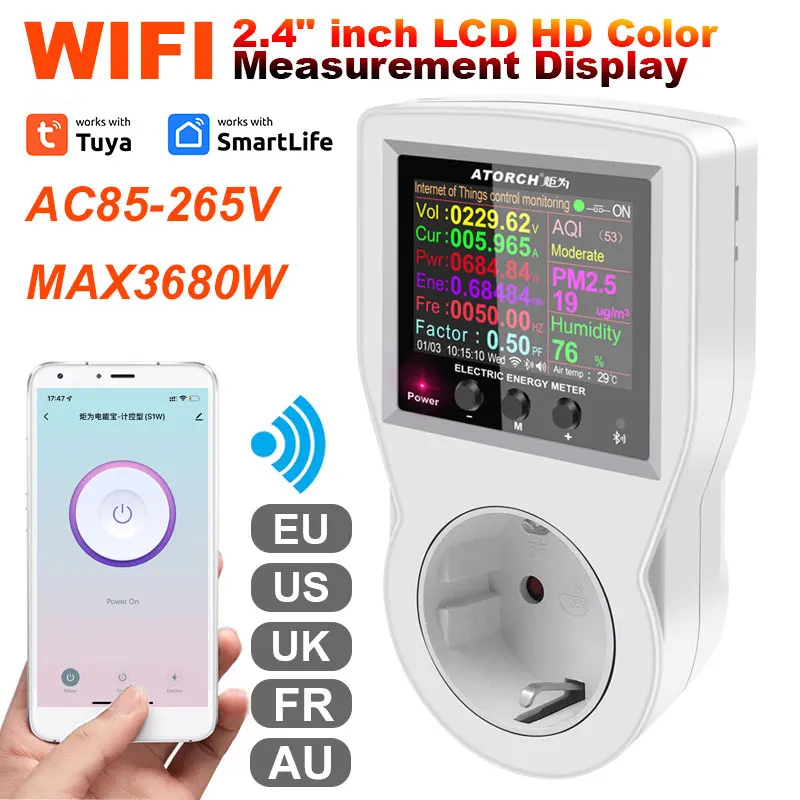 Tuya WIFI Smart Plug EU/US/AU/UK/FR Цифровой Ваттметр Измеритель мощности 220 В Переменного Тока Умная Розетка Киловатт Измеритель мощности Умный дом - 0