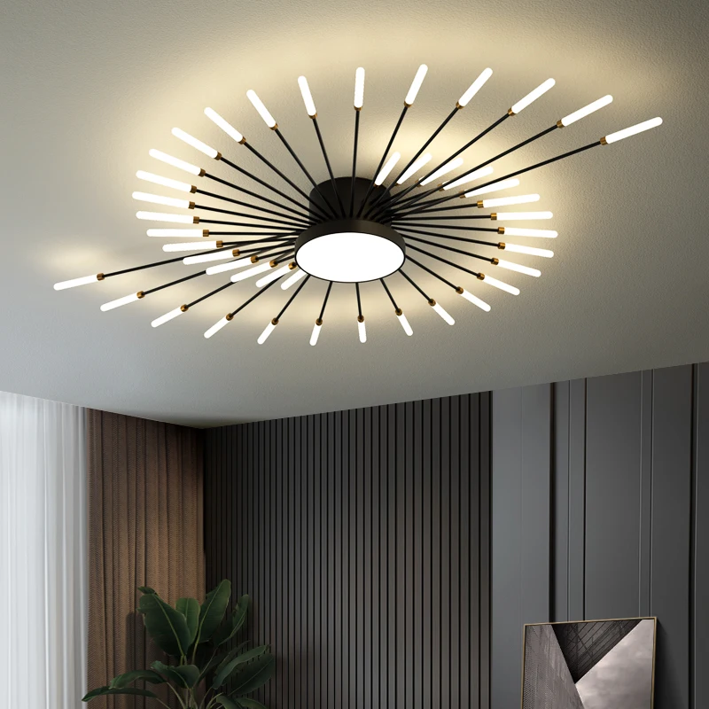 Потолочный светильник Fireworks LED в скандинавском стиле для спальни, гостиной, потолочный светильник, подвесной светильник, черное внутреннее освещение кухни - 0