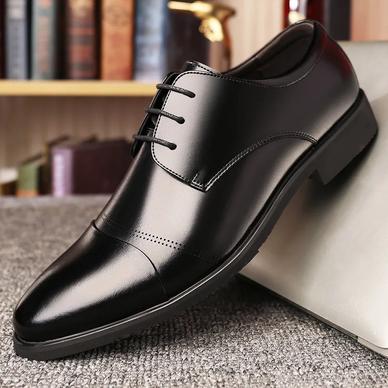 Мужские модельные туфли из коровьей спилка на квадратном каблуке со шнуровкой Four Seasons, увеличивающие рост, мужская деловая официальная одежда, обувь Hw75 - 0