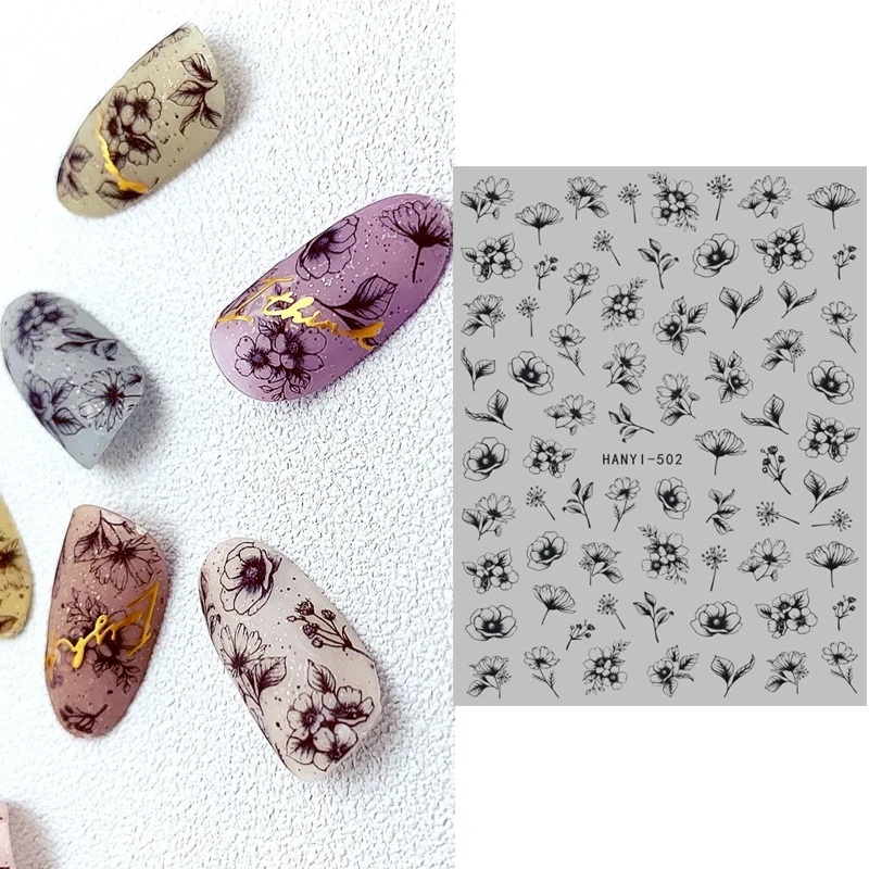 Наклейки для ногтей Прозрачные, черные, в цветочек, акварельные Цветы, наклейки для ногтей на обратной стороне, наклейки для красоты кончиков ногтей - 0