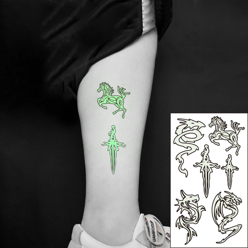 Водонепроницаемая временная светящаяся татуировка-наклейка Дракон Лошадь Животное Меч Флэш-тату Поддельная татуировка для детей, женщин, мужчин - 0