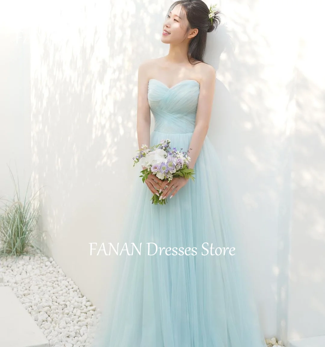Вечерние платья FANAN Tulle Fairy без бретелек, Корейские синие элегантные Свадебные Женские вечерние платья, платья для выпускного вечера - 0