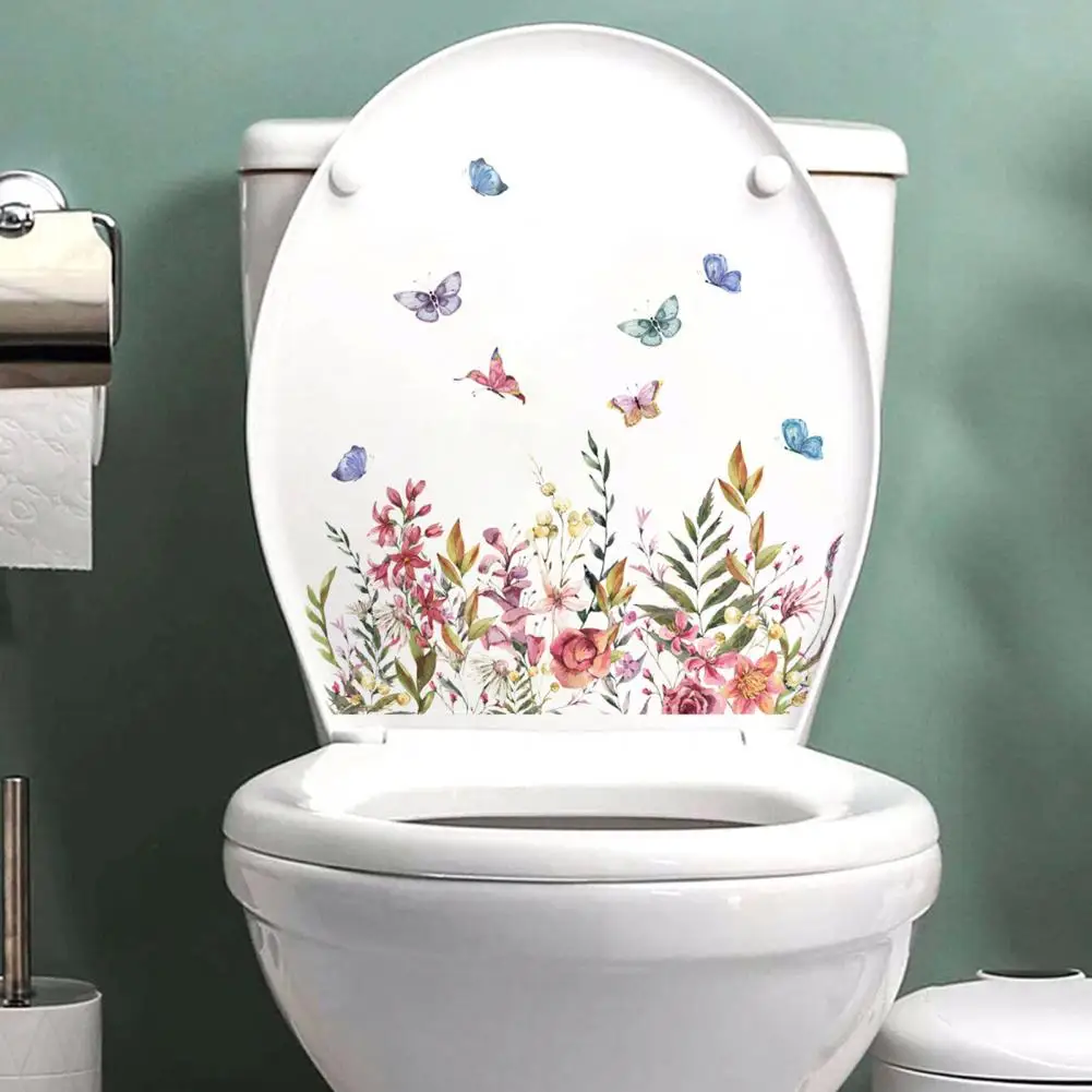 Наклейка для декора ванной комнаты, яркий цветок, бабочка, наклейка на туалет, долговечная наклейка из ПВХ для домашнего украшения ванной комнаты, уникальная - 0