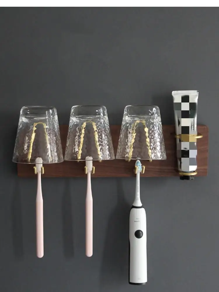 Многофункциональная стойка для хранения принадлежностей для ванной комнаты, дозатор зубной пасты, настенный Деревянный латунный крючок для электрической зубной щетки - 0