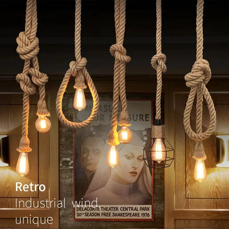 Винтажные подвесные светильники из пеньковой веревки Loft E27 Rope Light Base Лампа для внутреннего освещения Сделай Сам для кухни, кафе, бара, декора Hanglamp - 0