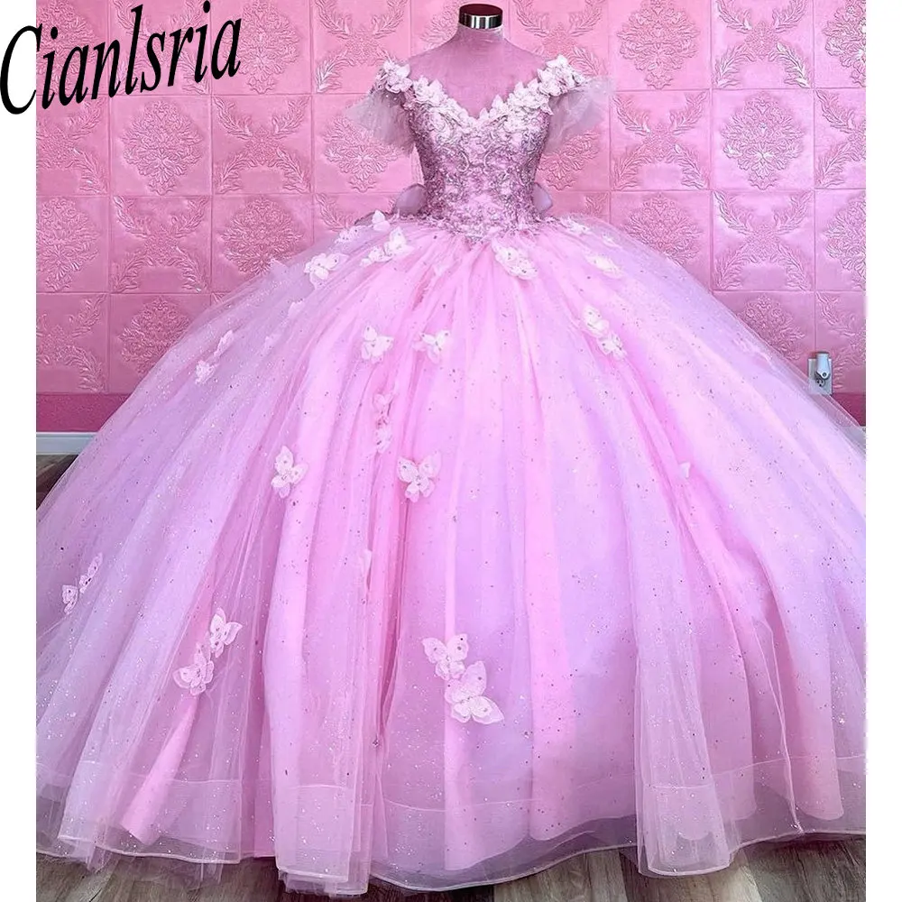 Розовое бальное платье с 3D бабочкой, расшитое бисером, пышные платья с открытыми плечами, аппликации, корсет с кружевным бантом, Vestidos De 15 Años - 0