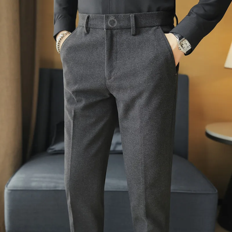 Зимние Деловые брюки с вышивкой, Мужские Однотонные Шерстяные Костюмные брюки, Повседневные Облегающие Офисные Социальные брюки, Костюм Homme - 0