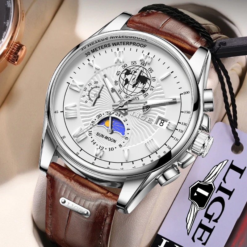 Новые Мужские часы LIGE, Лидирующий Бренд, Роскошные Мужские Наручные Часы, Мужские Кожаные Кварцевые Часы, Спортивные Водонепроницаемые Мужские Часы Relogios Masculino - 0