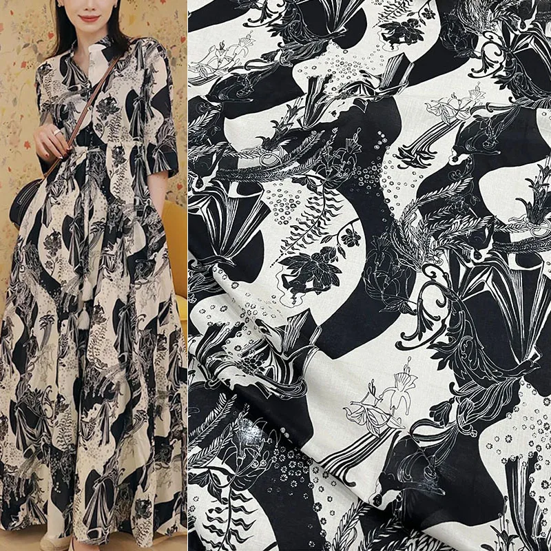 Модный черно-белый абстрактный цветочный принт Тонкая хлопчатобумажная ткань для женского платья блузки ручной работы - 0