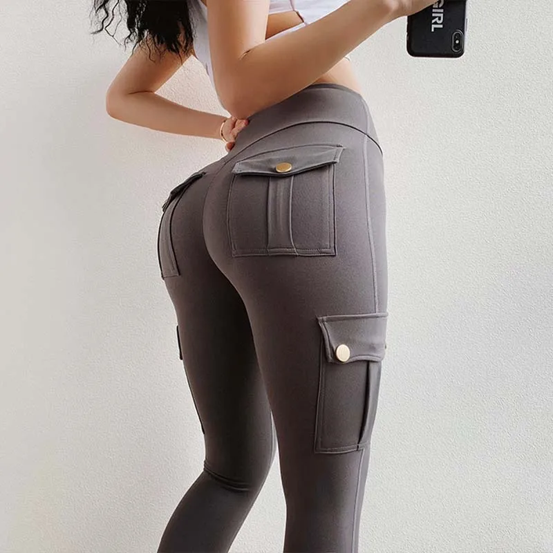 Женские брюки-карго для фитнеса с карманом, леггинсы, однотонные леггинсы для тренировок из полиэстера с высокой талией, пуш-ап, брюки-карго, повседневные брюки - 0