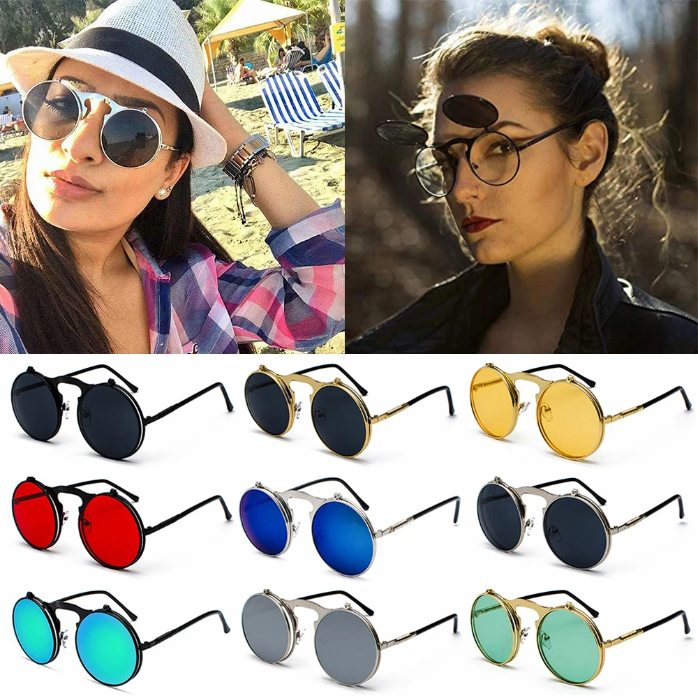 Мужские и женские круглые очки с защитой от ультрафиолета Солнцезащитные очки в стиле стимпанк Круглые солнцезащитные очки Солнцезащитные очки с откидной крышкой - 0
