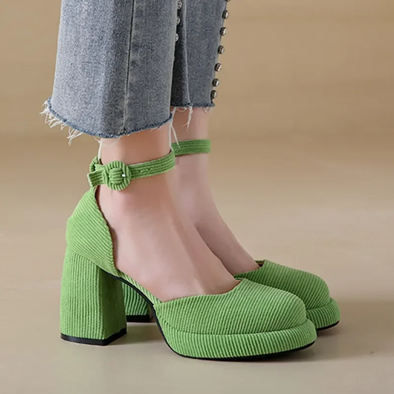 Зеленые Женские туфли-лодочки на высоком каблуке 2023, Осенние Туфли Мэри Джейн с ремешками на щиколотках На Массивной платформе, Женские Вельветовые Вечерние Туфли На Толстом каблуке - 0