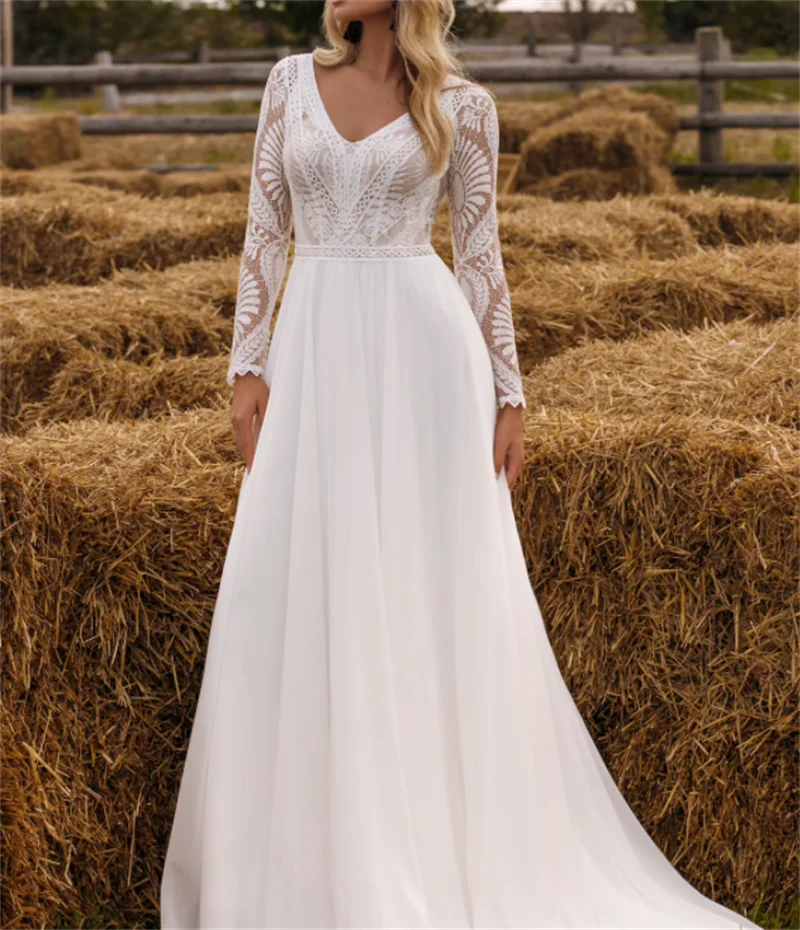 # 11215 Простой V-образный вырез с длинным рукавом, открытая спина, шлейф, Шифоновое кружевное богемное свадебное платье трапециевидной формы, свадебные платья, вечернее платье - 0