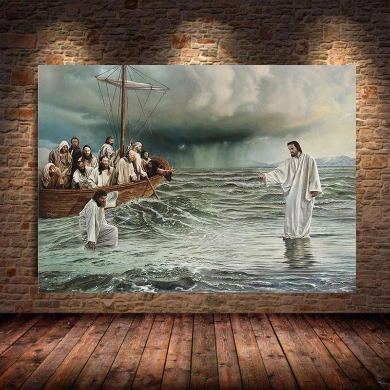Иисус Христос, идущий по воде, картина на холсте, плакат и принты, настенные картины для гостиной, украшения дома, Cuadros - 0