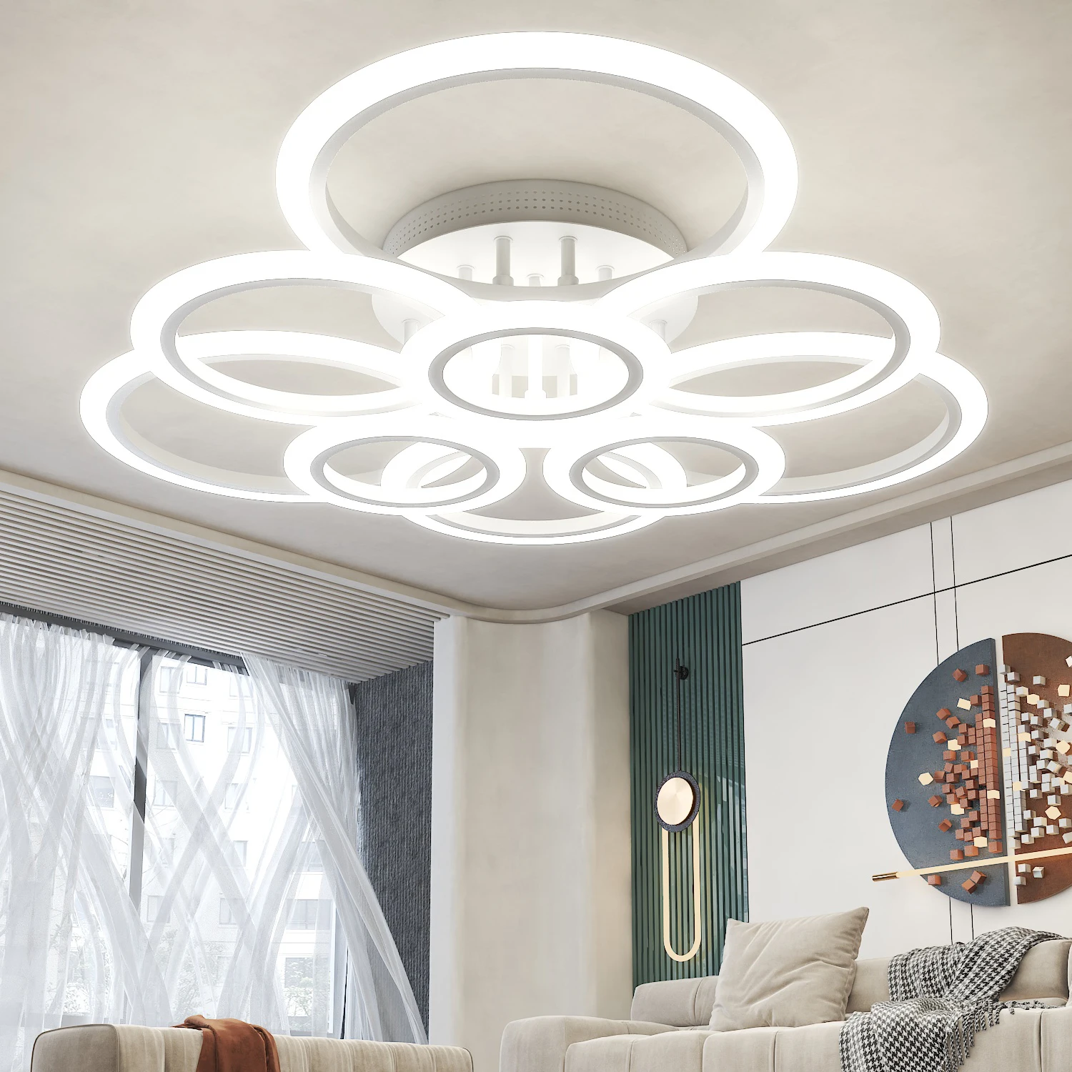 Светодиодный потолочный светильник Creative Ring Поддержка люстры с плавным затемнением Smart Remote Control Для ежедневных светильников в гостиной - 0