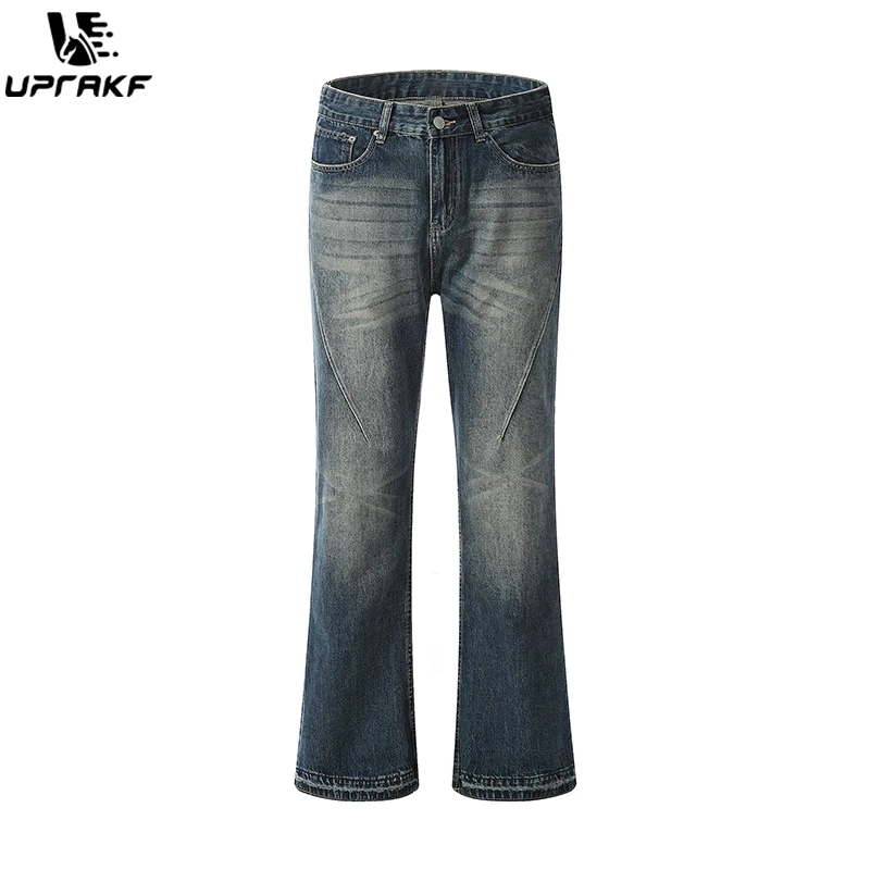 UPRAKF Расклешенные выцветшие синие джинсы, уличная одежда, базовые брюки, уличная осенняя повседневная джинсовая одежда с карманами, летняя мода - 0