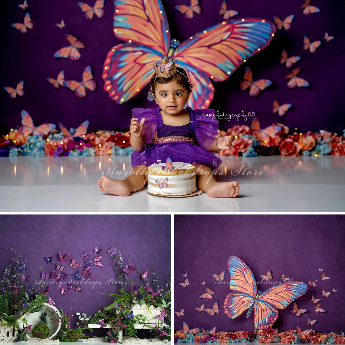 Фон в саду с бабочками Весенний Цветок Реквизит для детской Фотосессии Ребенок Взрослая девушка для фотосессии Фиолетовый Декор Фон для торта - 0
