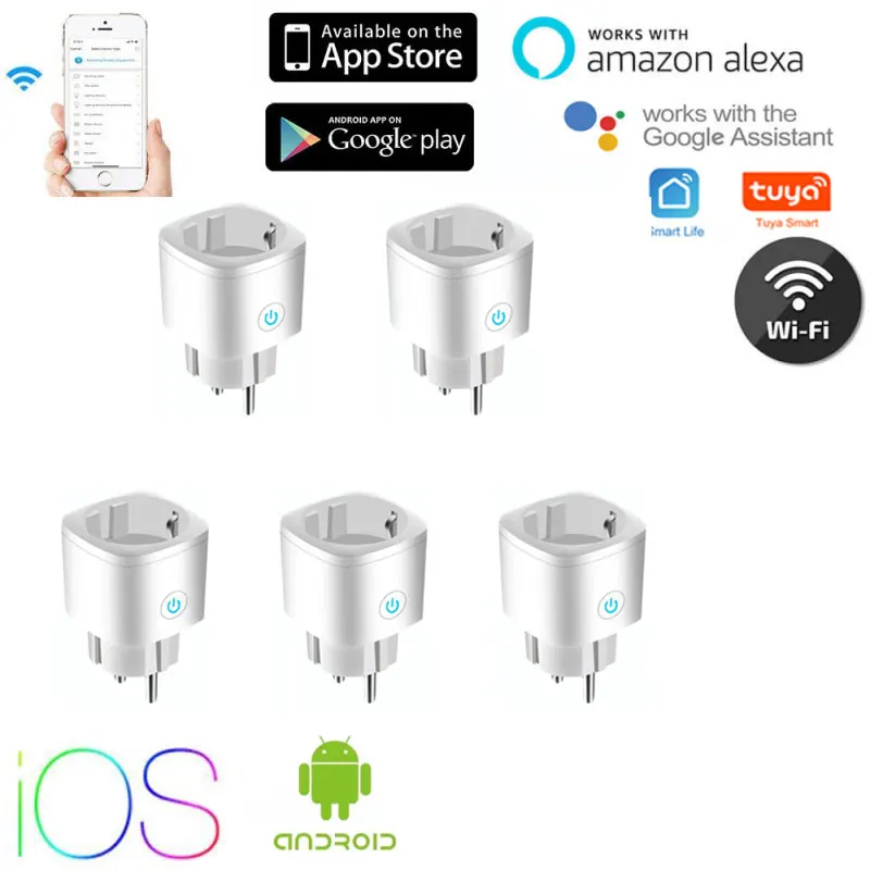 5шт Tuya Беспроводной WiFi Переключатель Smart Plug Розетка Alexa Google Home Power Socket Адаптер Преобразователи Аксессуары Для Зарядного Устройства - 0