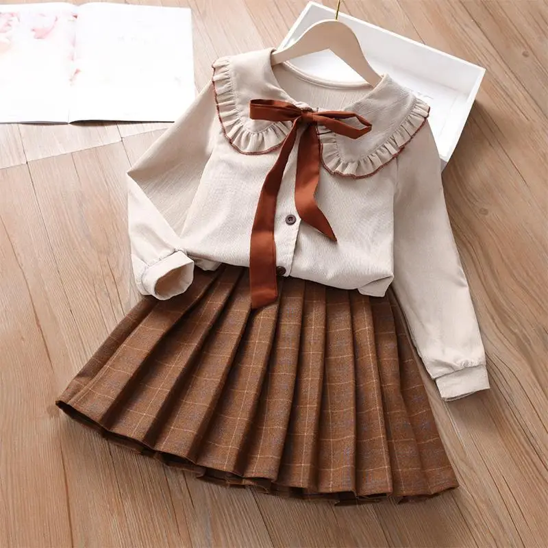 Новая весенне-осенняя детская короткая юбка среднего размера для девочек, рубашка, плиссированная юбка, комплект из двух предметов в академическом стиле - 0