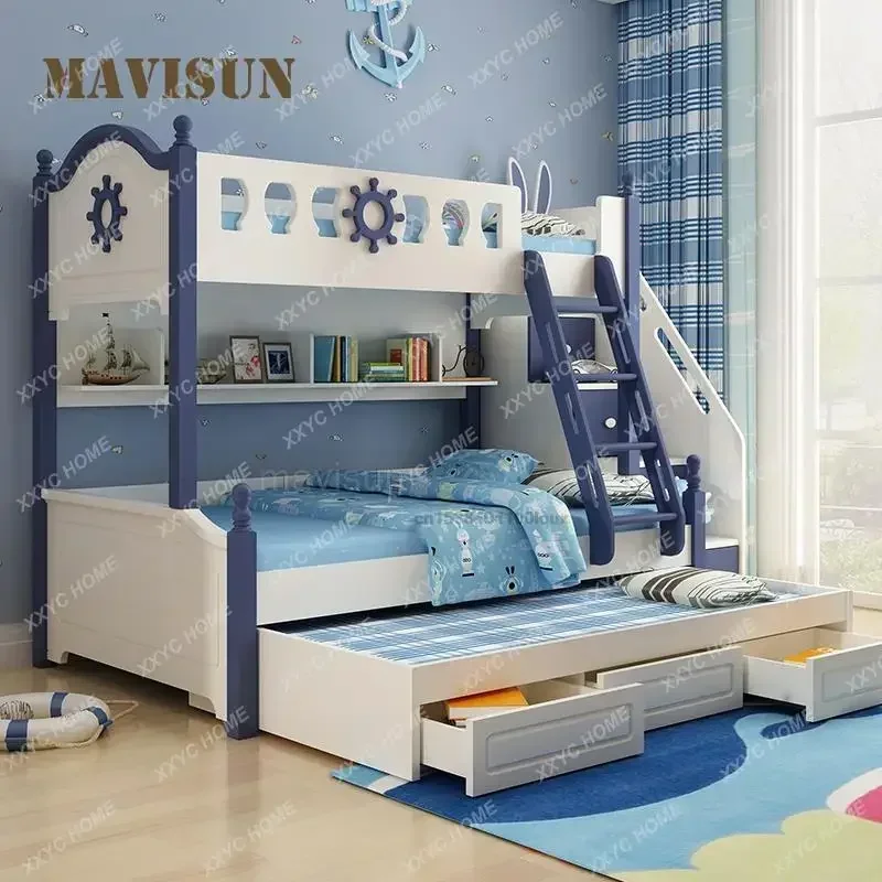 Современная маленькая квартира в скандинавском стиле, детская двухслойная кровать с выдвижными ящиками, раскладная комбинированная детская деревянная двухъярусная кровать для мальчиков - 0