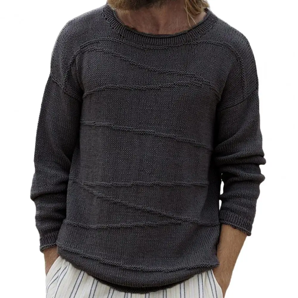 Мужской свитер с манжетами в рубчик, стильные мужские зимние свитера, пуловеры свободного кроя, топы с манжетами в рубчик, дизайн с круглым вырезом, однотонный - 1
