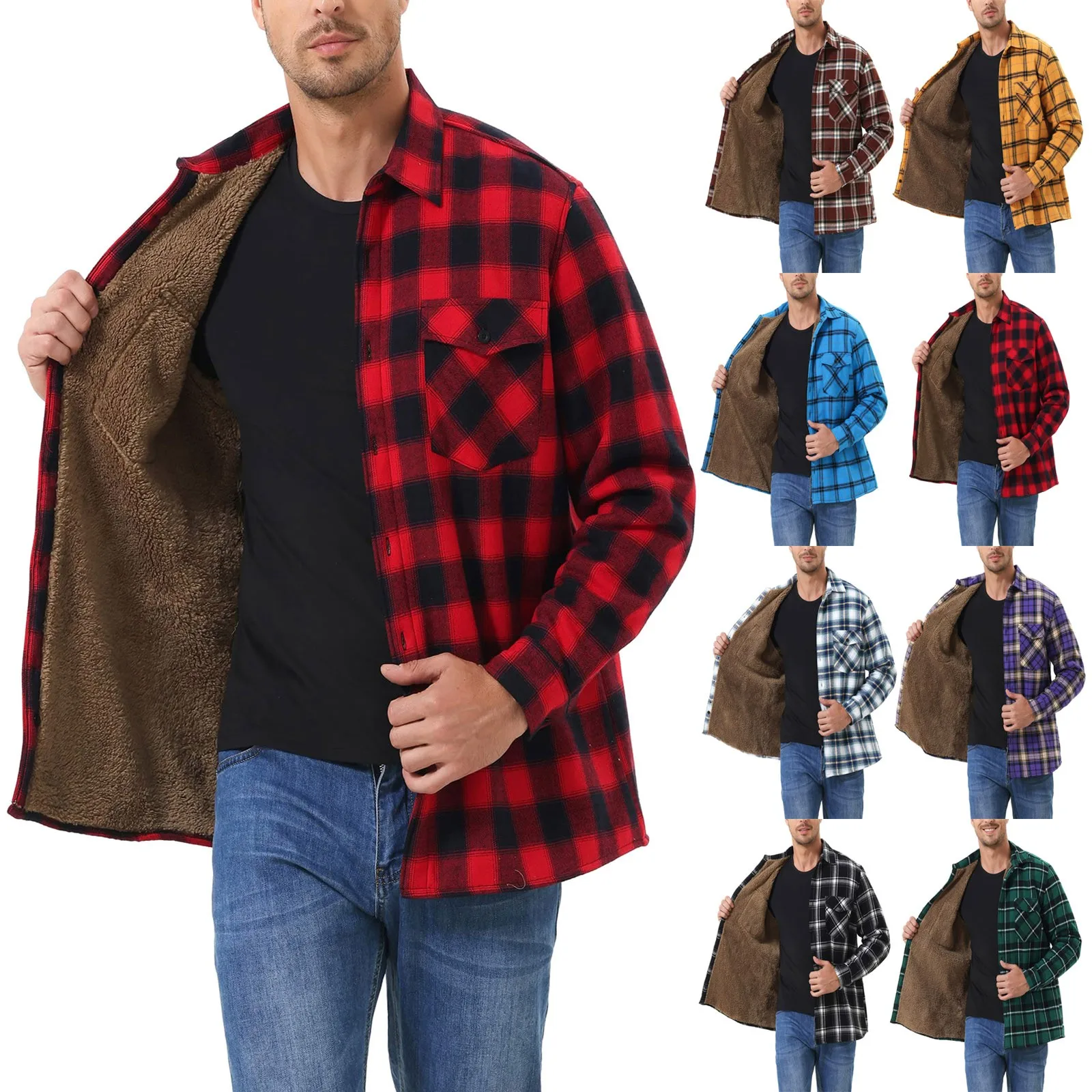 2023 Новая мужская утолщенная куртка с длинными рукавами и лацканами, клетчатая куртка из композитного плюша, зимняя теплая верхняя одежда, мужская одежда - 1