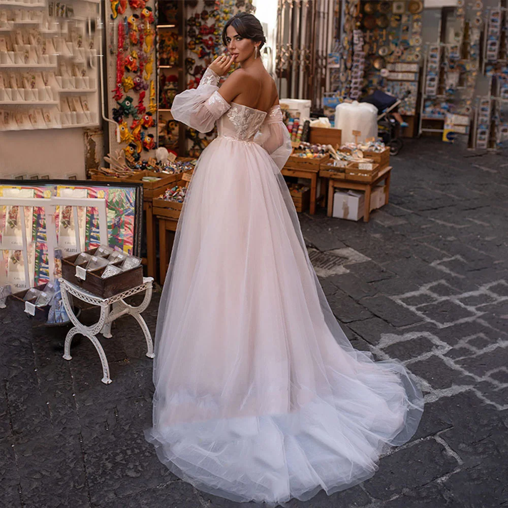Свадебное платье из тюля с пышными рукавами в стиле Бохо, свадебное платье трапециевидной формы с аппликацией, свадебное платье со стреловидным шлейфом, vestidos de novia - 1