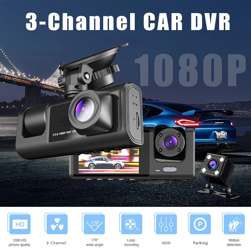 Видеорегистратор для автомобилей Камера заднего вида 1080P 3-канальная фронтальная внутренняя камера для автомобильного регистратора Видео 24-часовой парковочный монитор Черный - 1