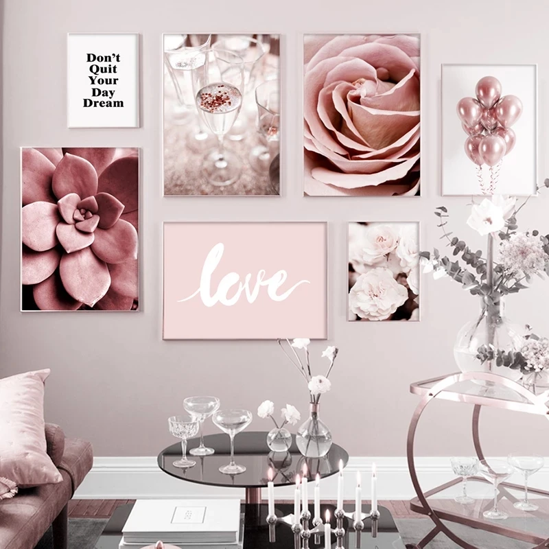 Розовый цветок пиона, суккуленты, любовные цитаты, настенное искусство, современная живопись на холсте, скандинавские принты и плакаты, настенные панно для украшения дома. - 1