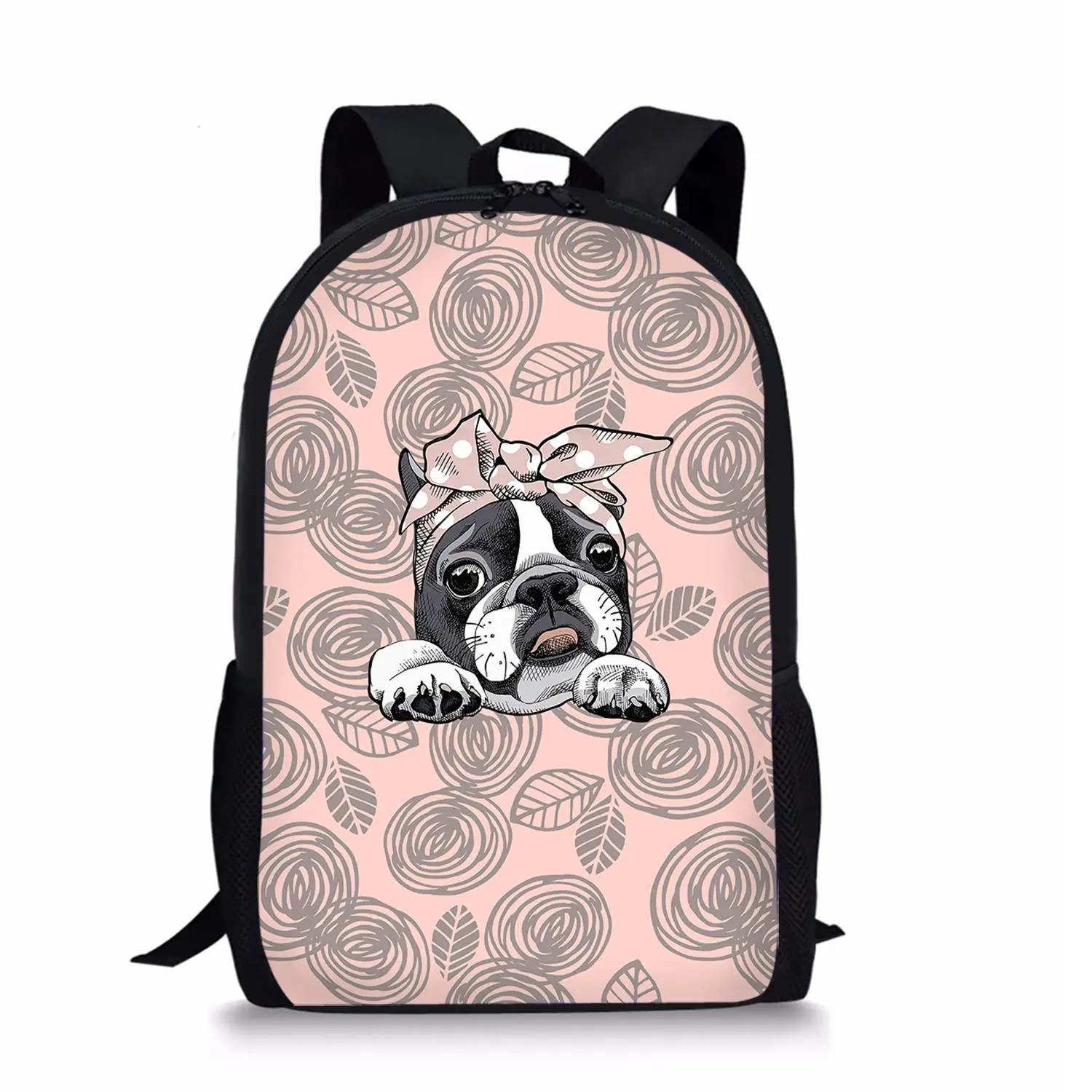 Школьная сумка с французским бульдогом для девочек Повседневные сумки для книг Цветы с принтами животных и собак Детский рюкзак Для мальчиков и девочек Школьные сумки из полиэстера - 1