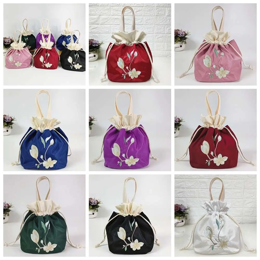 Атласная шелковая вышивка, цветочная сумочка, сумка для мамы, сумка Hanfu на завязках в корейском стиле, кошелек, Хозяйственная сумка, Цветочная сумка-ведро - 1
