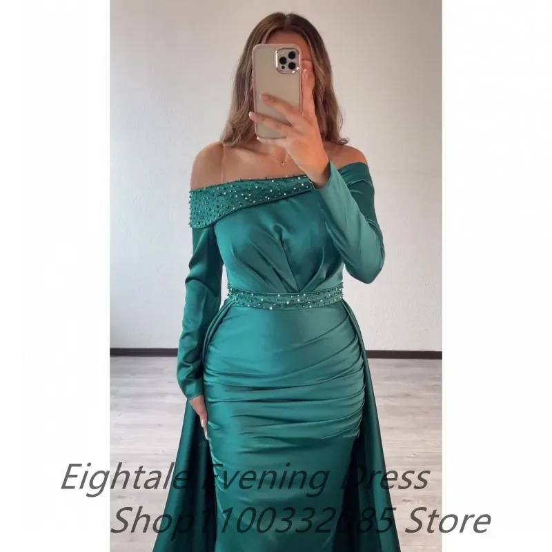 Eightale 2023 Зеленое атласное вечернее платье Русалки с длинным рукавом для свадебной вечеринки, расшитое бисером платье для выпускного вечера, Дубайское вечернее платье - 1