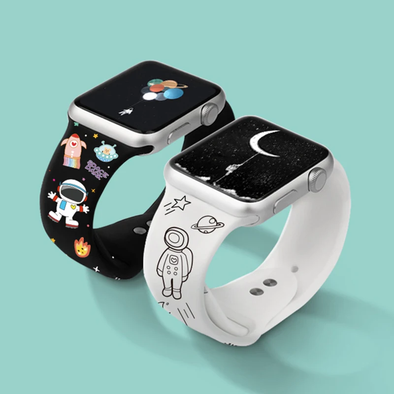 Индивидуальный Трендовый Мультяшный Браслет для Apple Watch iWatch 6 SE 5 4 3 38 мм 40 42 44 Мужской и Женский Студенческий Молодежный Резиновый Браслет - 1