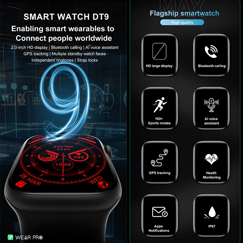 DTNO.1 Смарт-часы DT9 Man 2,0-дюймовые Bluetooth-часы для звонков, 9 зарядных устройств, беспроводной голосовой помощник, Независимые рингтоны, умные часы - 1